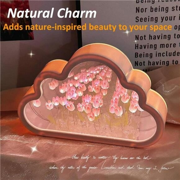Tulip Cloud Mirror Night Light Pink Table Lamp Bedroom Decor Gift for Girls - Picture 4 of 8